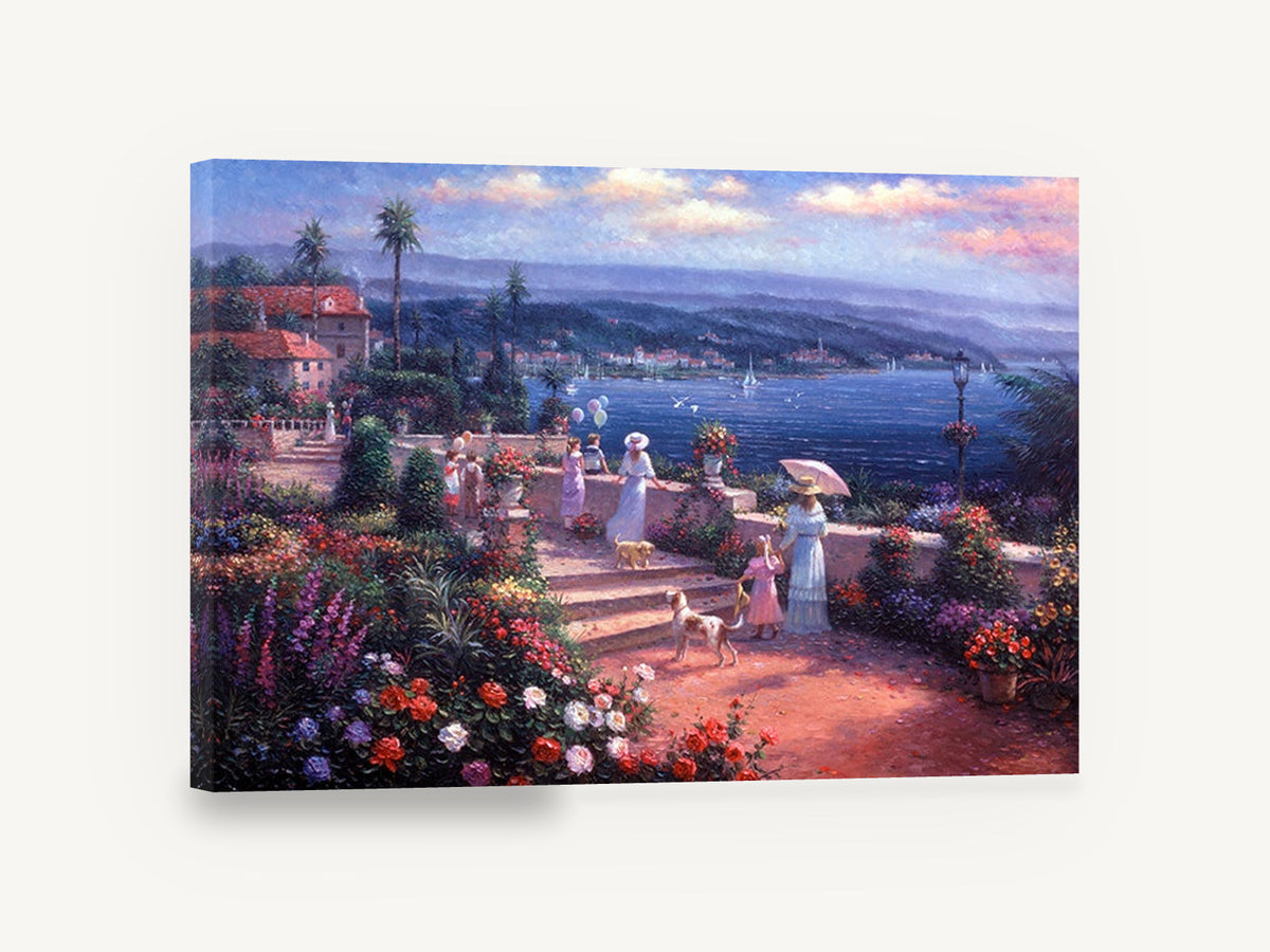 Blooming Terrace Above the Bay, seaside garden terrace impressionist painting, coastal canvas wall art print ready to hang