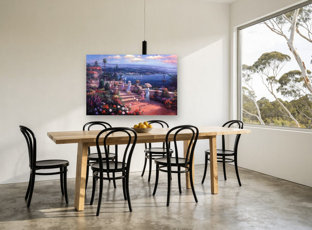 Blooming Terrace Above the Bay coastal canvas print on the wall of a dining room