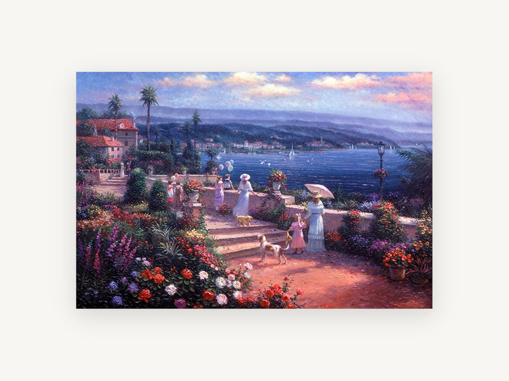 Blooming Terrace Above the Bay, coastal canvas wall art print, front view