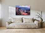 Blooming Terrace Above the Bay coastal canvas print on the wall of a living room