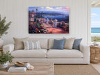 Blooming Terrace Above the Bay coastal canvas print on the wall of a beach house living room