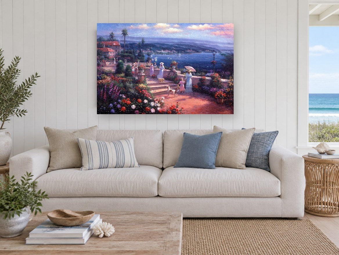 Blooming Terrace Above the Bay coastal canvas print on the wall of a beach house living room
