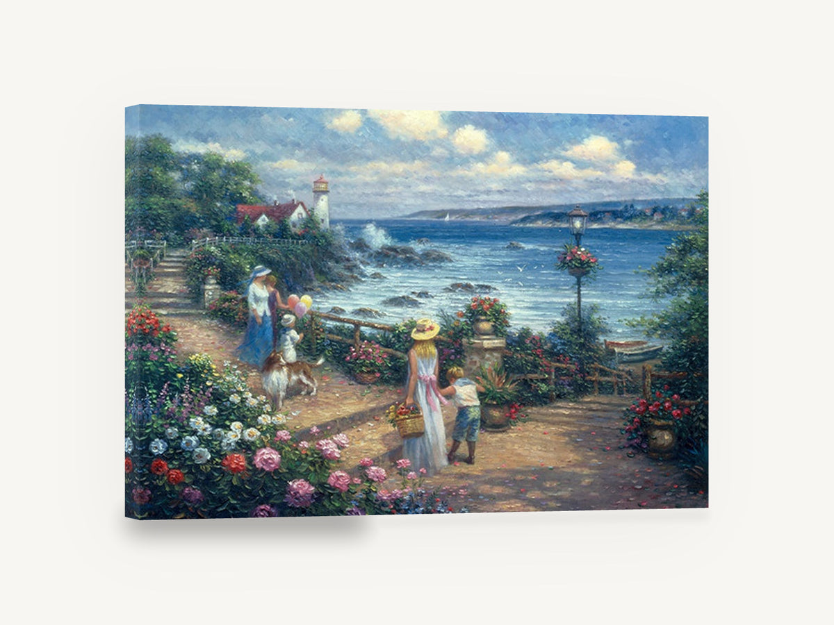 Garden Terrace Lighthouse Stroll, seaside garden terrace lighthouse scene, coastal canvas wall art print ready to hang