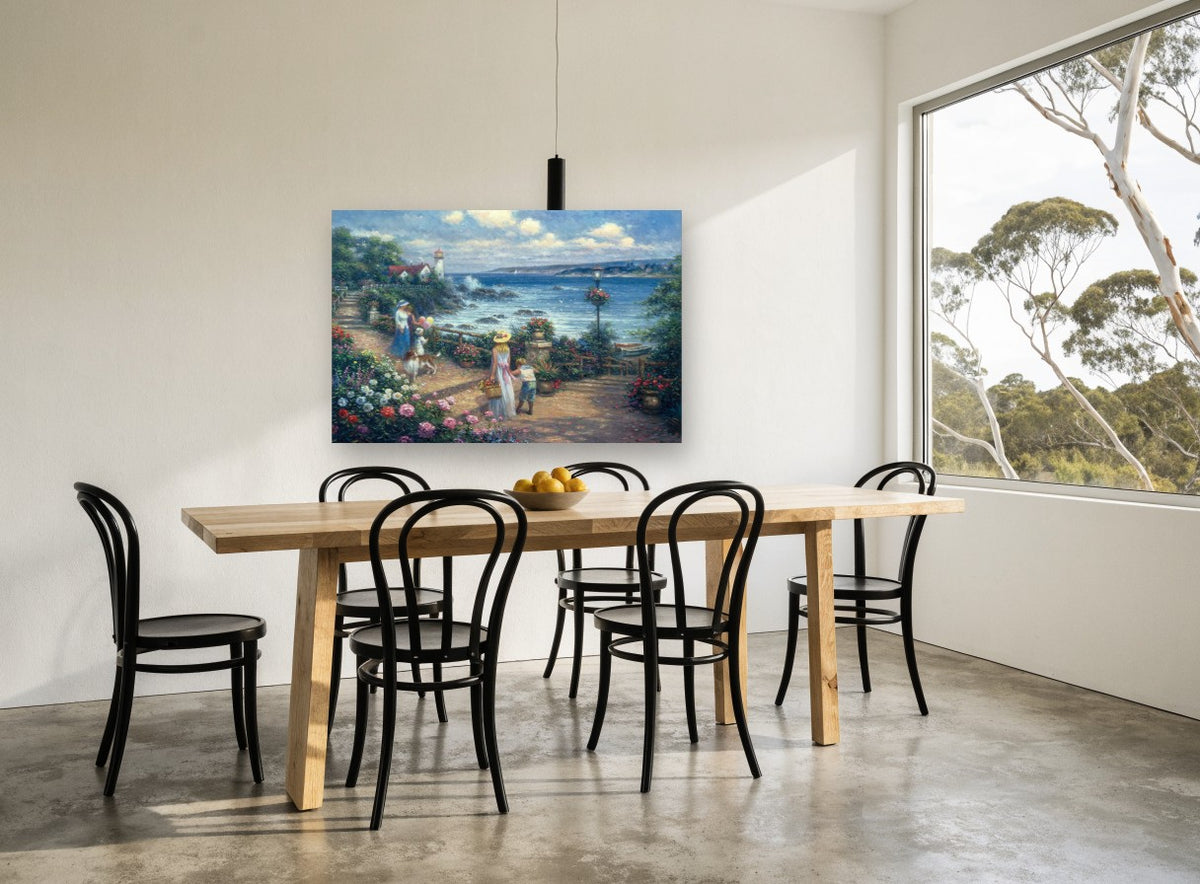 Garden Terrace Lighthouse Stroll coastal canvas print on the wall of a dining room