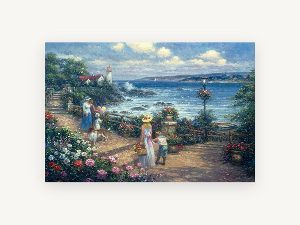 Garden Terrace Lighthouse Stroll, coastal canvas wall art print, front view