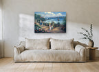 Garden Terrace Lighthouse Stroll coastal canvas print on the wall of a living room