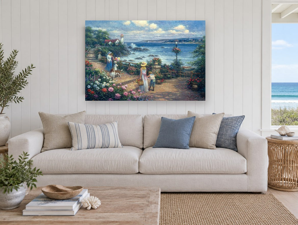 Garden Terrace Lighthouse Stroll coastal canvas print on the wall of a beach house living room