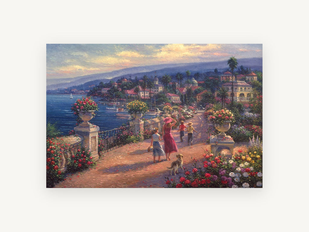 Seaside Promenade Stroll, coastal canvas wall art print, front view