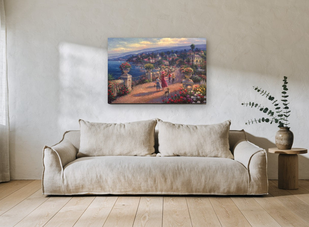 Seaside Promenade Stroll coastal canvas print on the wall of a living room