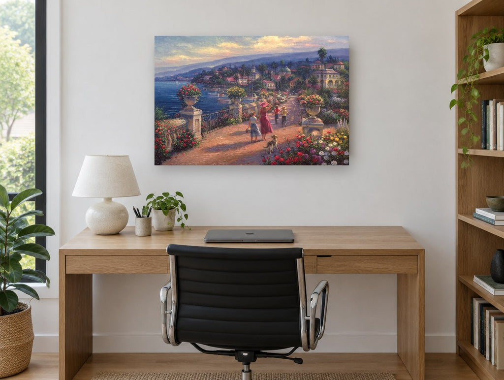 Seaside Promenade Stroll coastal canvas print on the wall of a study