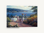 Terrace Tea by the Bay, seaside garden terrace tea painting, coastal canvas wall art print ready to hang