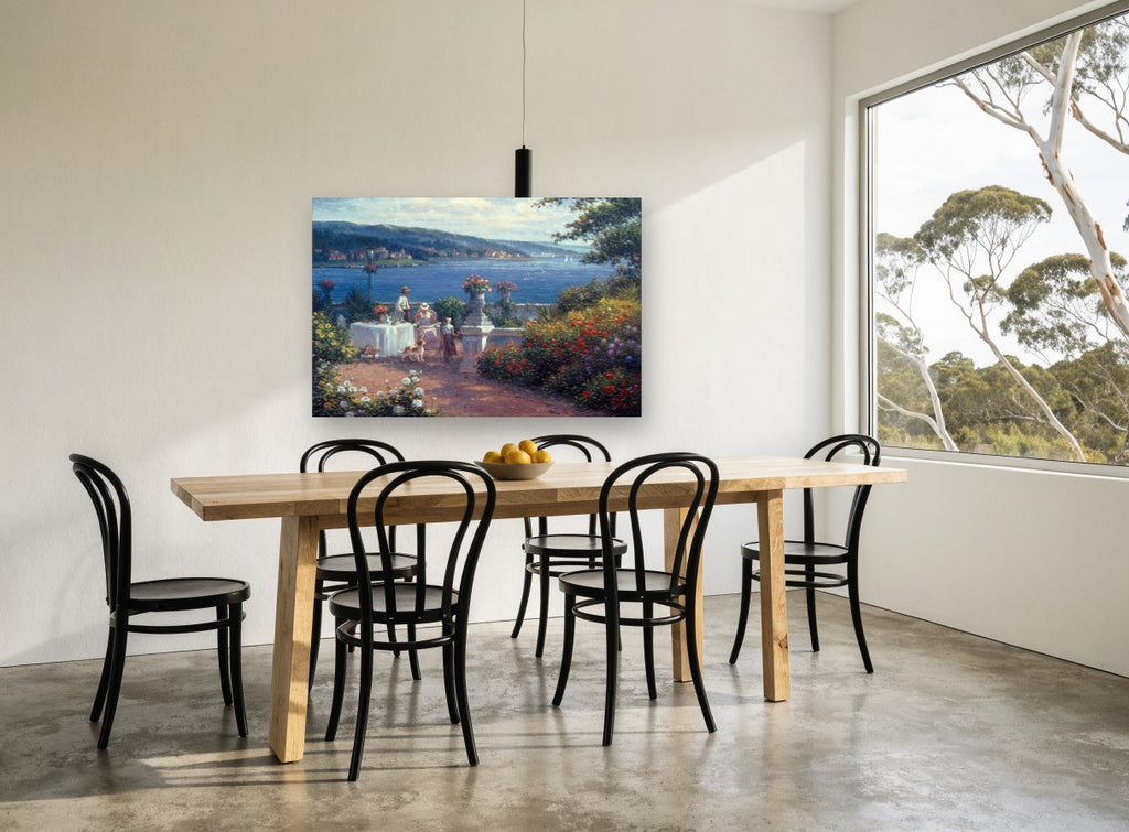 Terrace Tea by the Bay coastal canvas print on the wall of a dining room