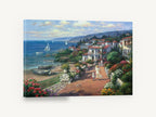 Seaside Garden Walk, coastal village garden seascape painting, coastal canvas wall art print ready to hang