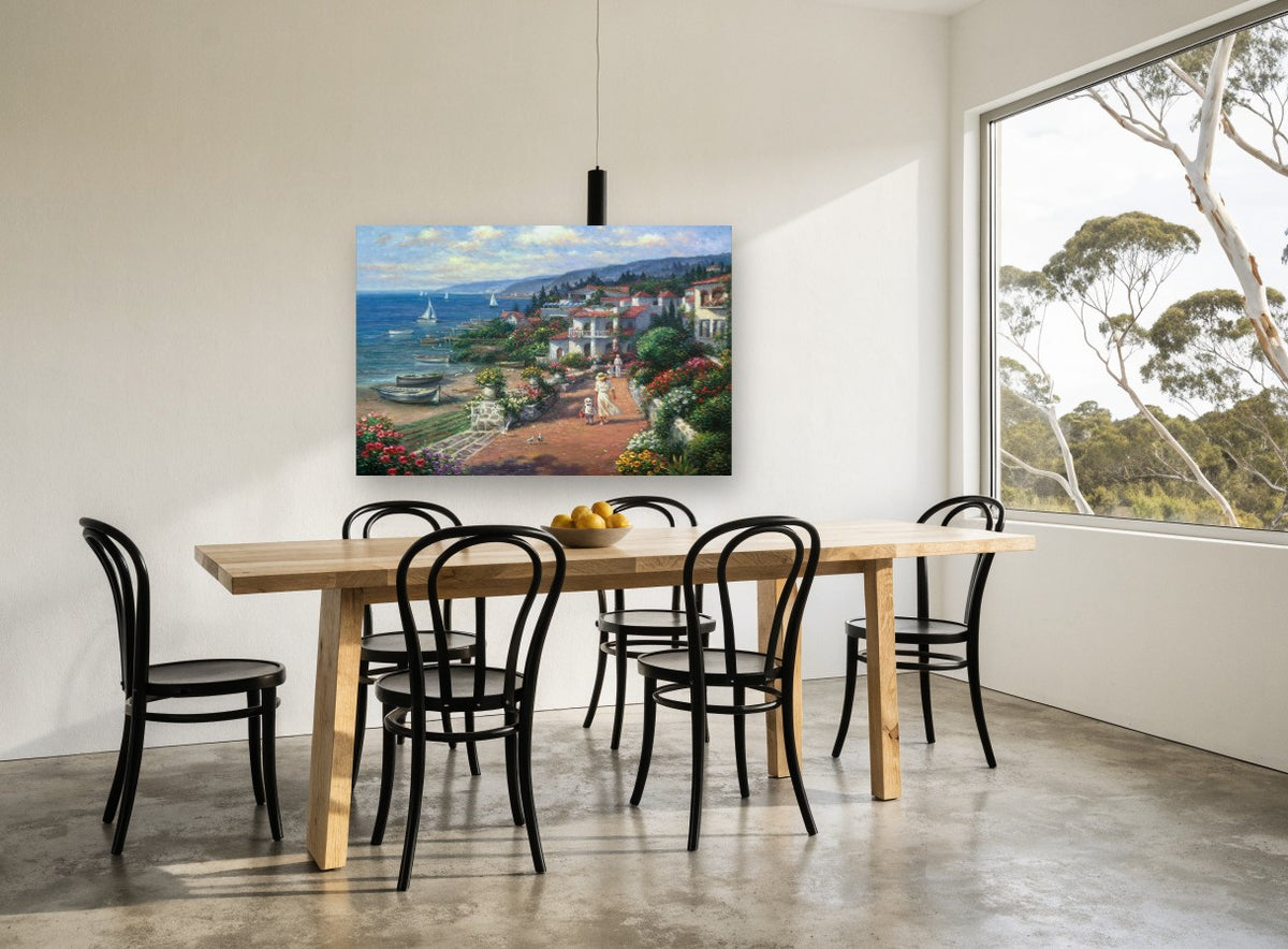 Seaside Garden Walk coastal canvas print on the wall of a dining room