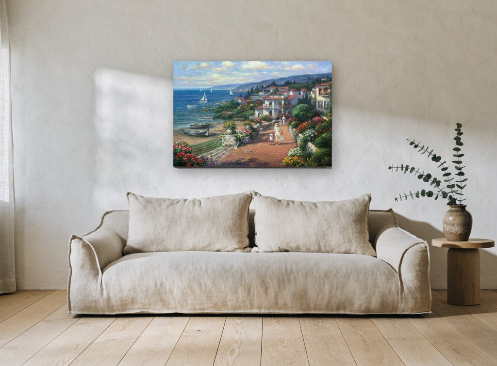 Seaside Garden Walk coastal canvas print on the wall of a living room