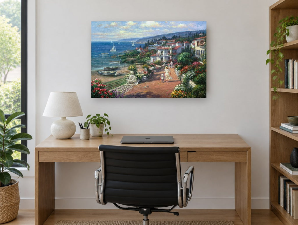 Seaside Garden Walk coastal canvas print on the wall of a study