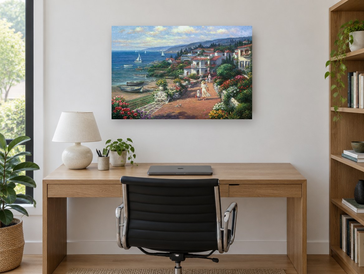 Seaside Garden Walk coastal canvas print on the wall of a study