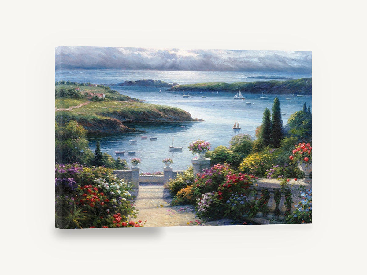 Garden Terrace Harbour, harbour garden terrace seascape painting, coastal canvas wall art print ready to hang