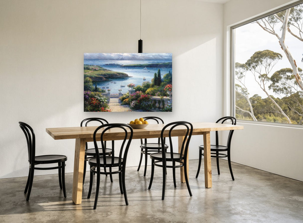 Garden Terrace Harbour coastal canvas print on the wall of a dining room