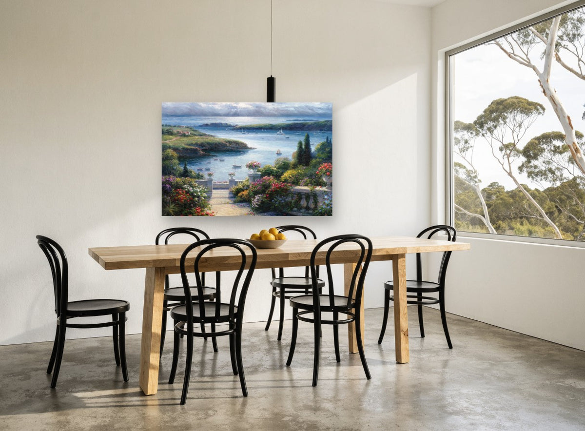 Garden Terrace Harbour coastal canvas print on the wall of a dining room