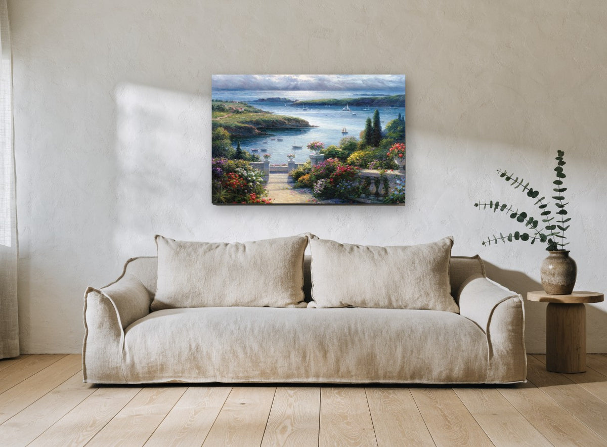 Garden Terrace Harbour coastal canvas print on the wall of a living room