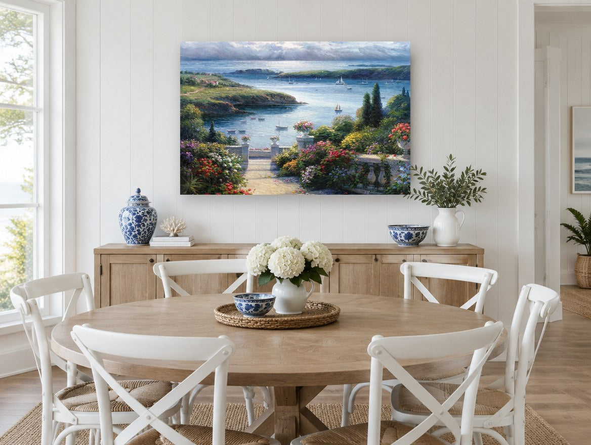Garden Terrace Harbour coastal canvas print on the wall of a Hamptons dining room