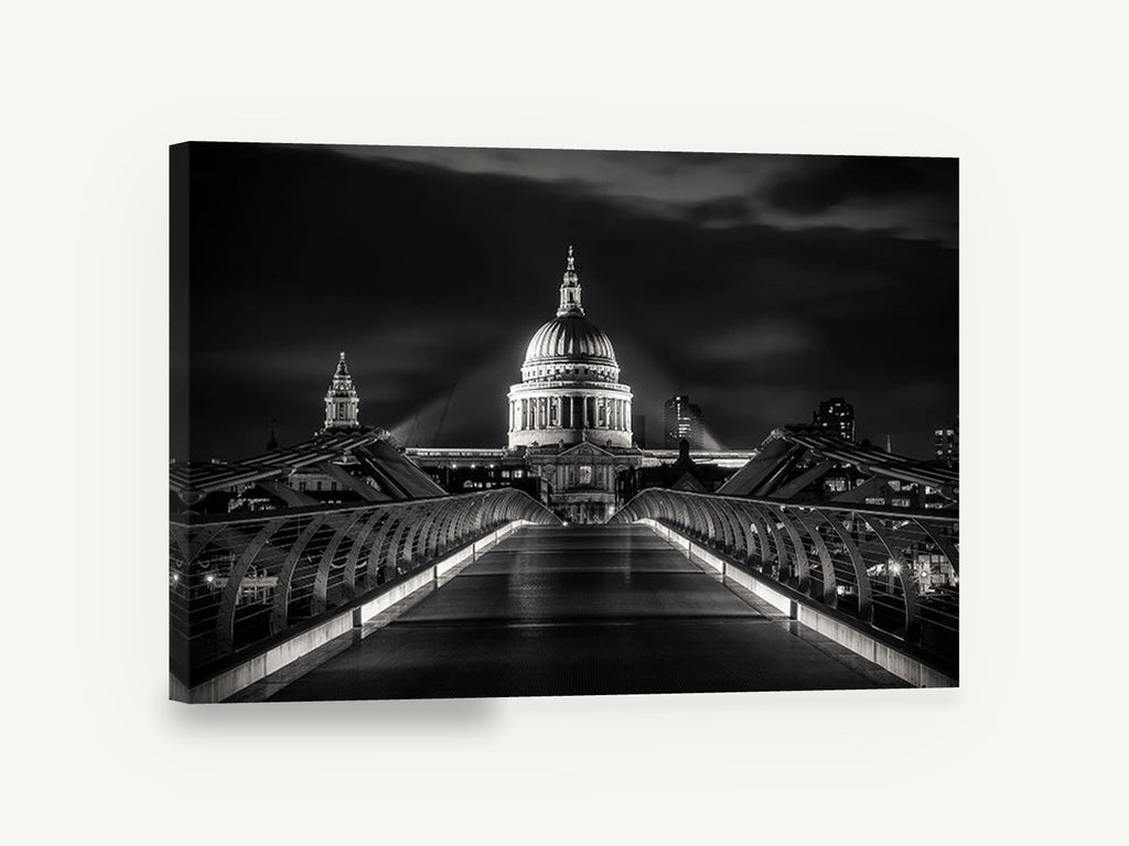 Dome Beyond the Bridge, st paul's cathedral night black and white photograph, city canvas wall art print ready to hang