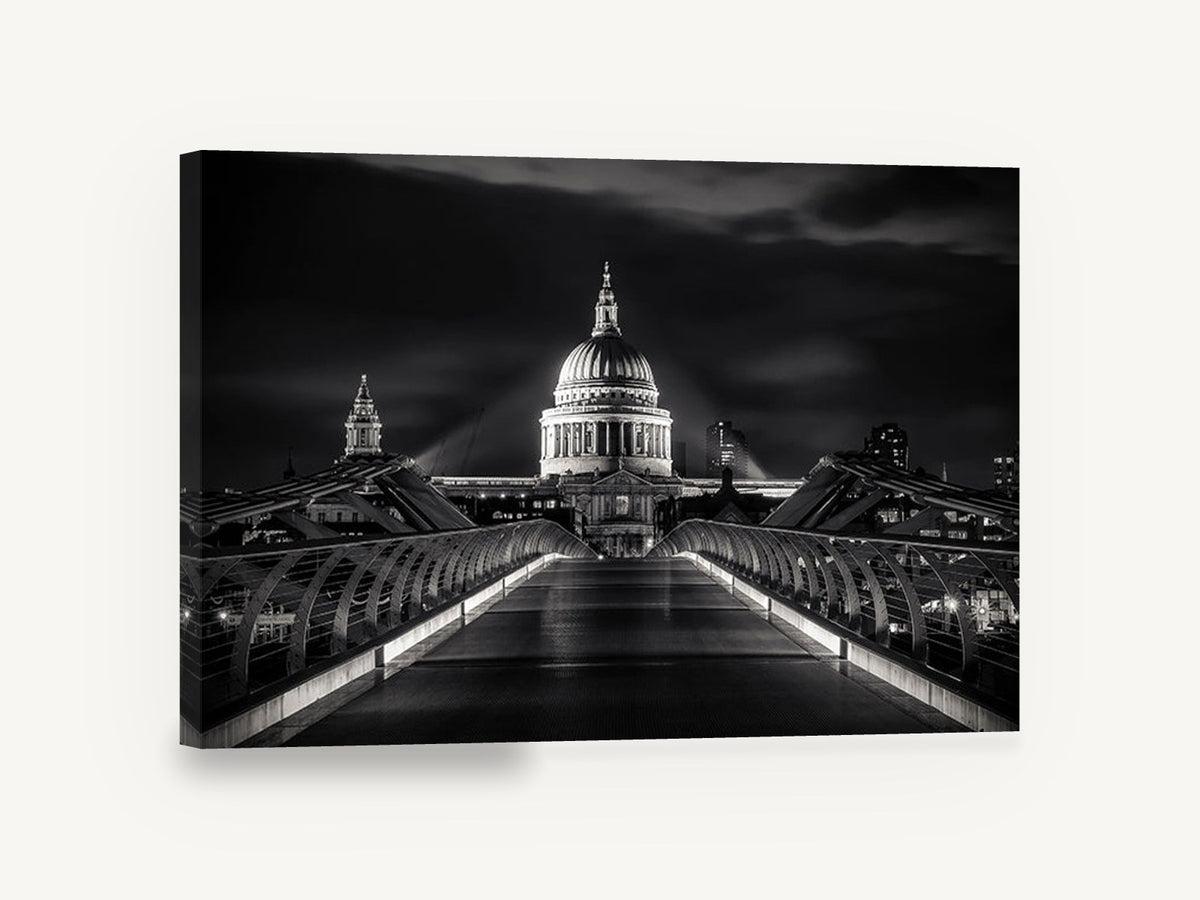 Dome Beyond the Bridge, st paul's cathedral night black and white photograph, city canvas wall art print ready to hang