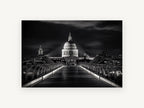 Dome Beyond the Bridge, st paul's cathedral night black and white photograph, city canvas wall art print, front view