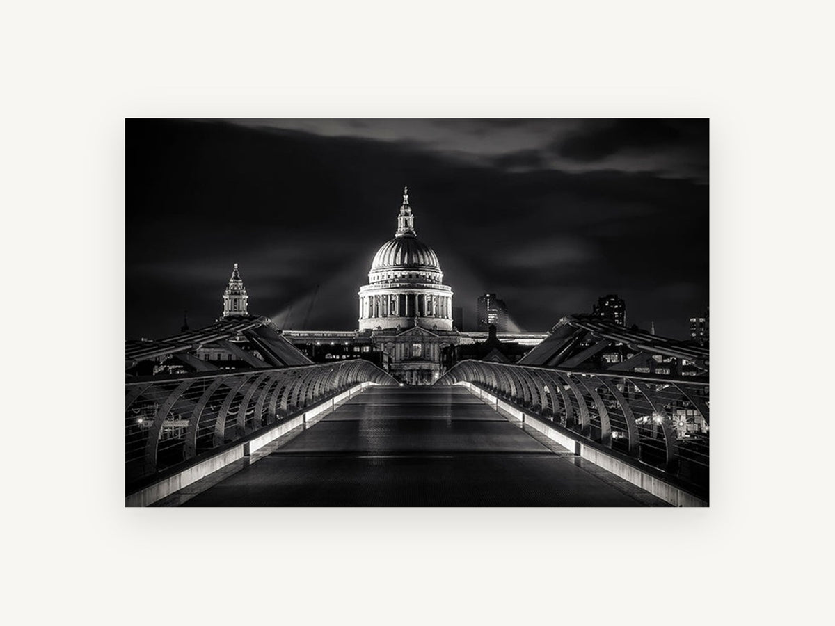 Dome Beyond the Bridge, st paul's cathedral night black and white photograph, city canvas wall art print, front view