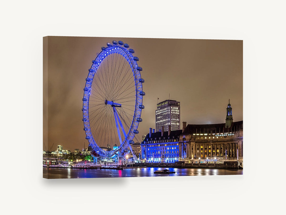 Blue Wheel on the Thames, london eye at night photograph, city canvas wall art print ready to hang
