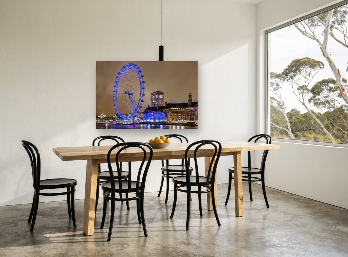 Blue Wheel on the Thames city canvas print on the wall of a dining room