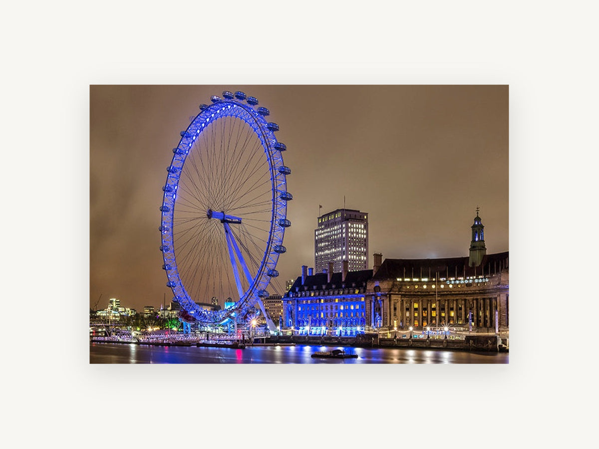 Blue Wheel on the Thames, london eye at night photograph, city canvas wall art print, front view