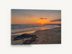 Footprints at Sunset Shore, sunset beach footprints seascape photograph, coastal canvas wall art print ready to hang