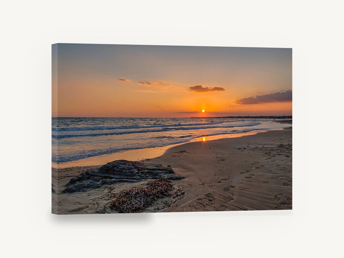 Footprints at Sunset Shore, sunset beach footprints seascape photograph, coastal canvas wall art print ready to hang