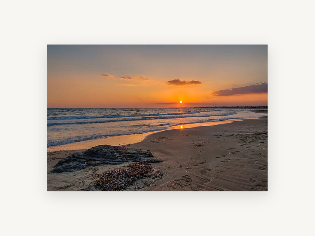 Footprints at Sunset Shore, coastal canvas wall art print, front view