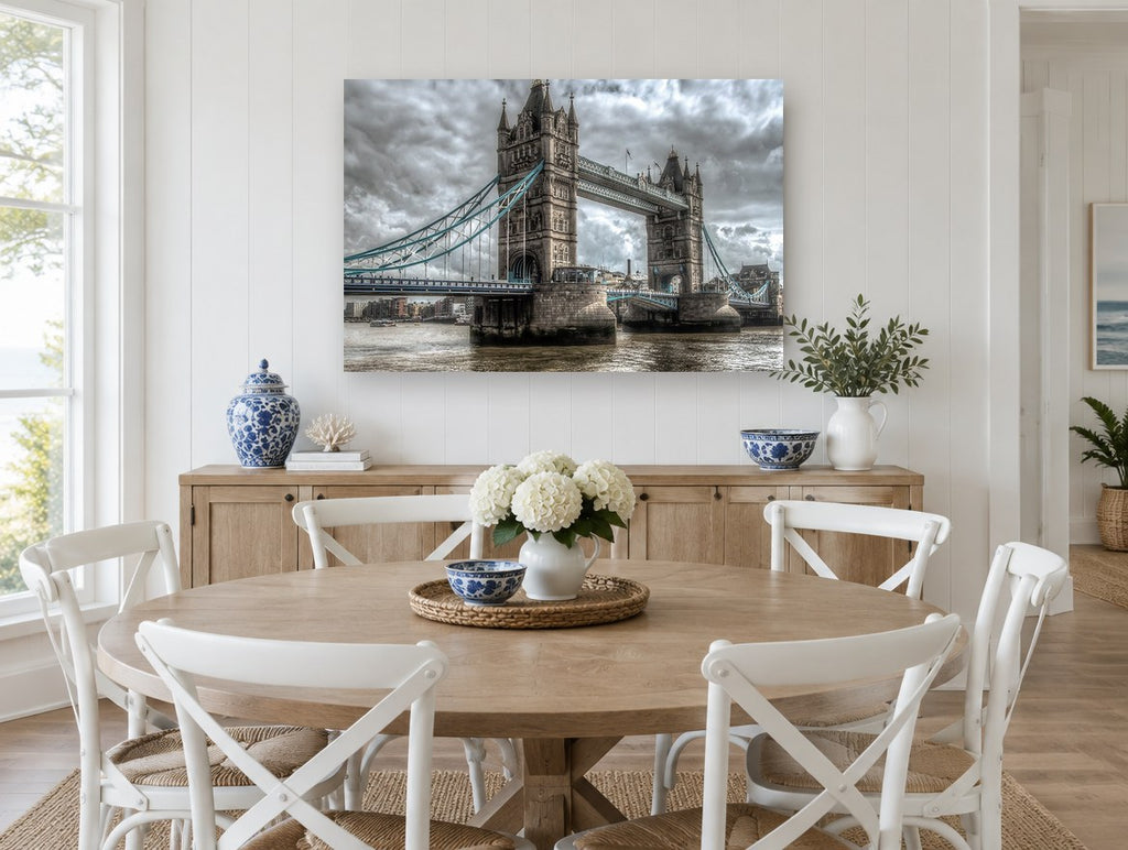 Tower Bridge Storm Light city canvas print on the wall of a Hamptons dining room