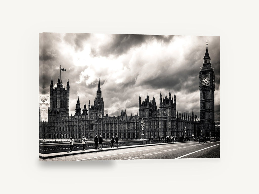 Westminster Under Storm Clouds, houses of parliament black and white photograph, city canvas wall art print ready to hang