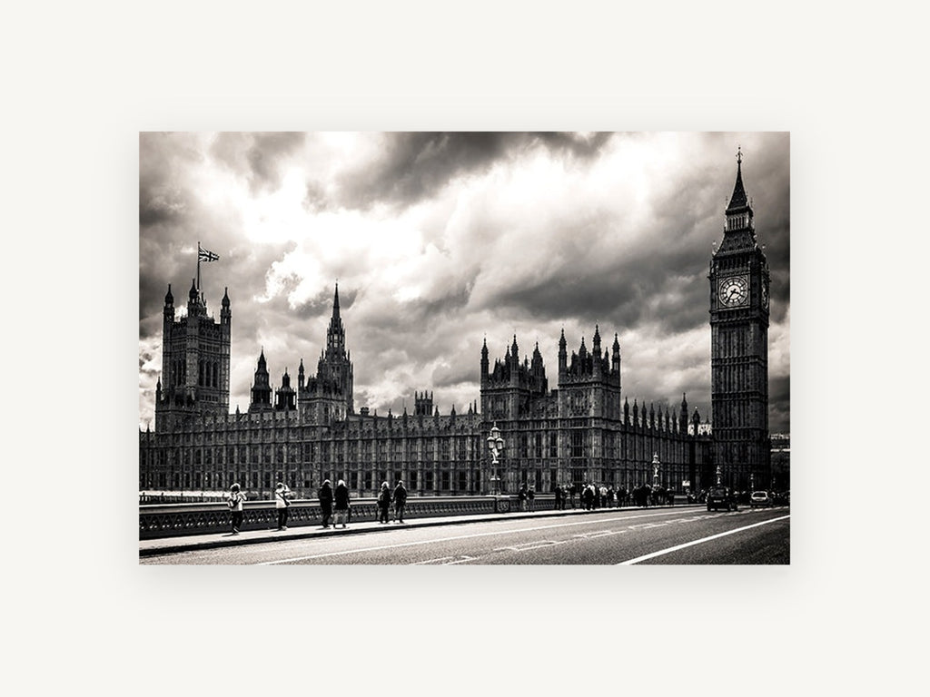 Westminster Under Storm Clouds, houses of parliament black and white photograph, city canvas wall art print, front view