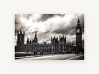 Westminster Under Storm Clouds, houses of parliament black and white photograph, city canvas wall art print, front view