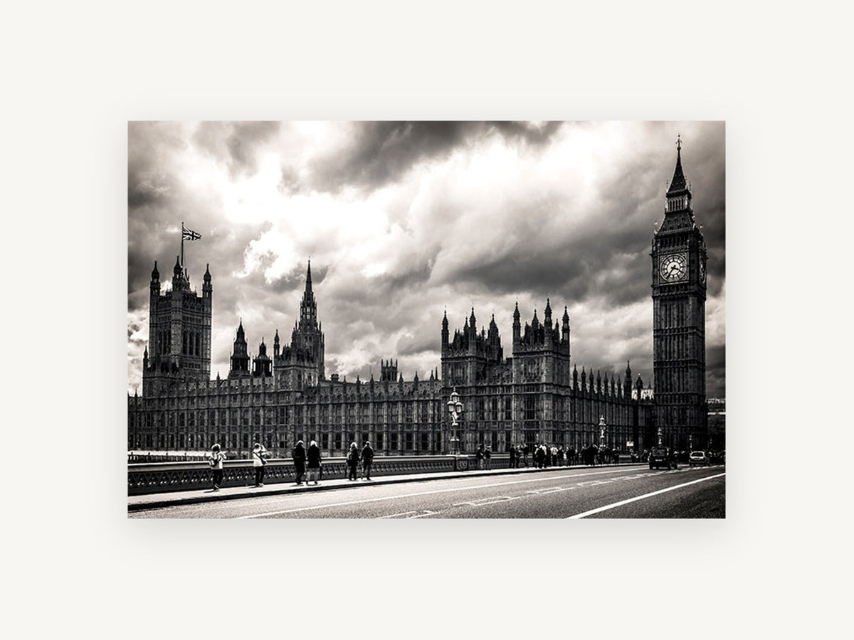 Westminster Under Storm Clouds, houses of parliament black and white photograph, city canvas wall art print, front view
