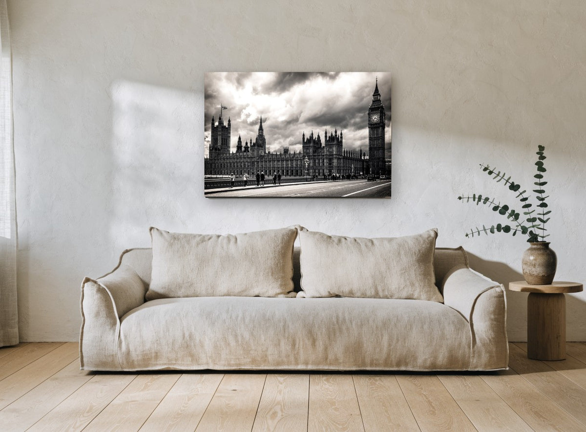 Westminster Under Storm Clouds city canvas print on the wall of a living room
