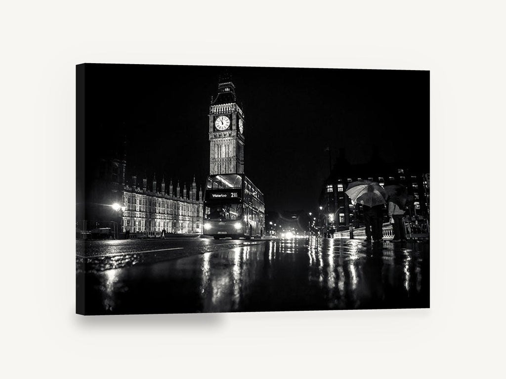 Wet Night at Westminster, big ben night black and white photograph, city canvas wall art print ready to hang