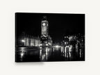 Wet Night at Westminster, big ben night black and white photograph, city canvas wall art print ready to hang