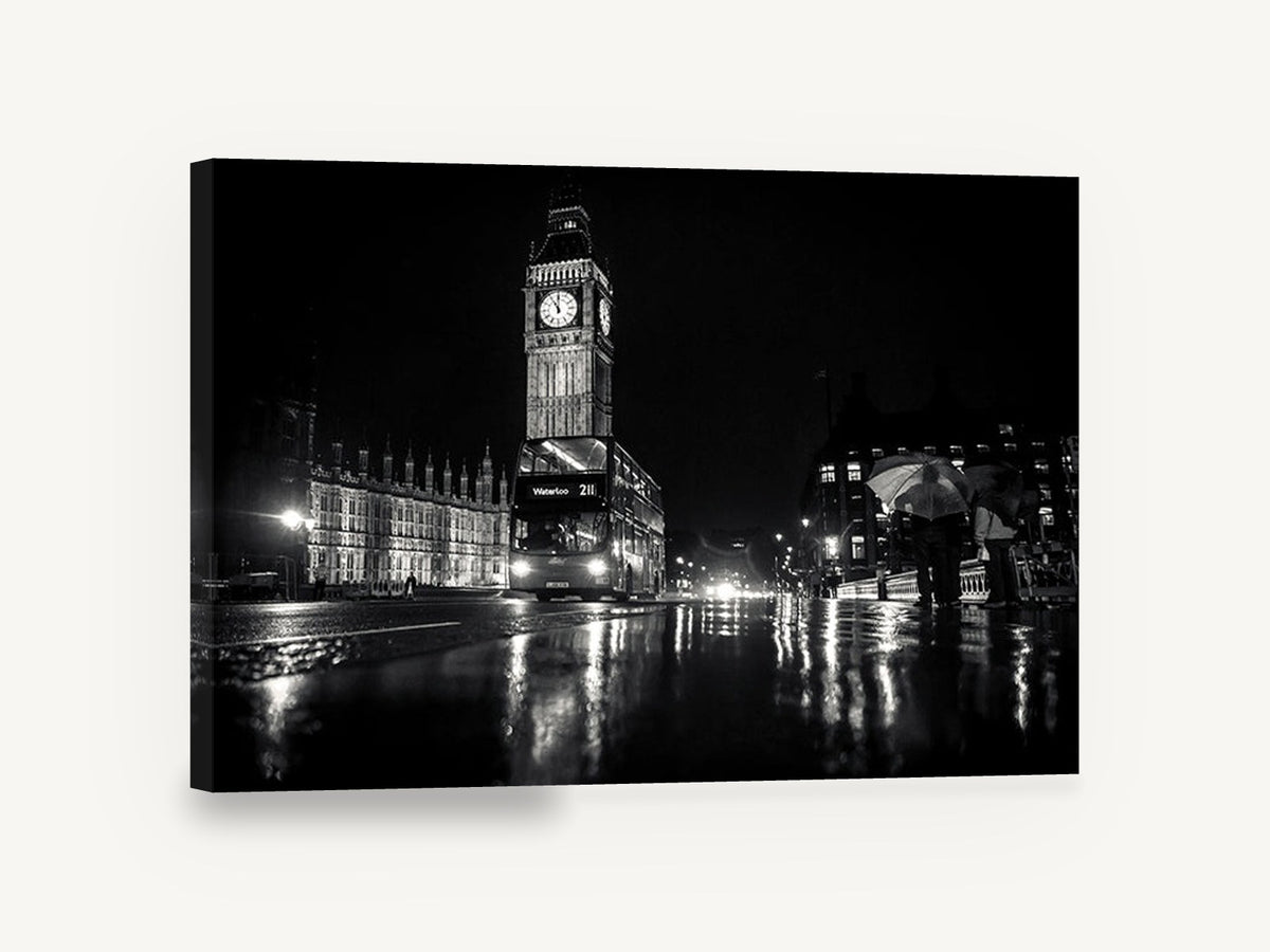 Wet Night at Westminster, big ben night black and white photograph, city canvas wall art print ready to hang