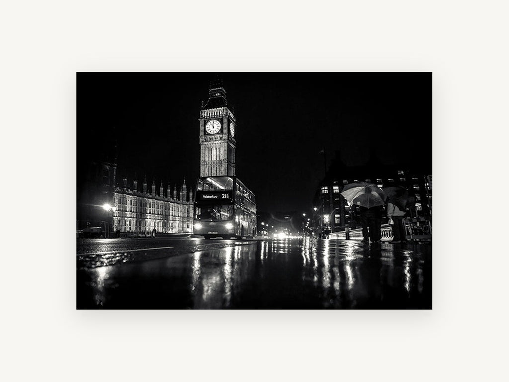 Wet Night at Westminster, big ben night black and white photograph, city canvas wall art print, front view
