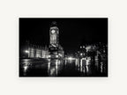 Wet Night at Westminster, big ben night black and white photograph, city canvas wall art print, front view
