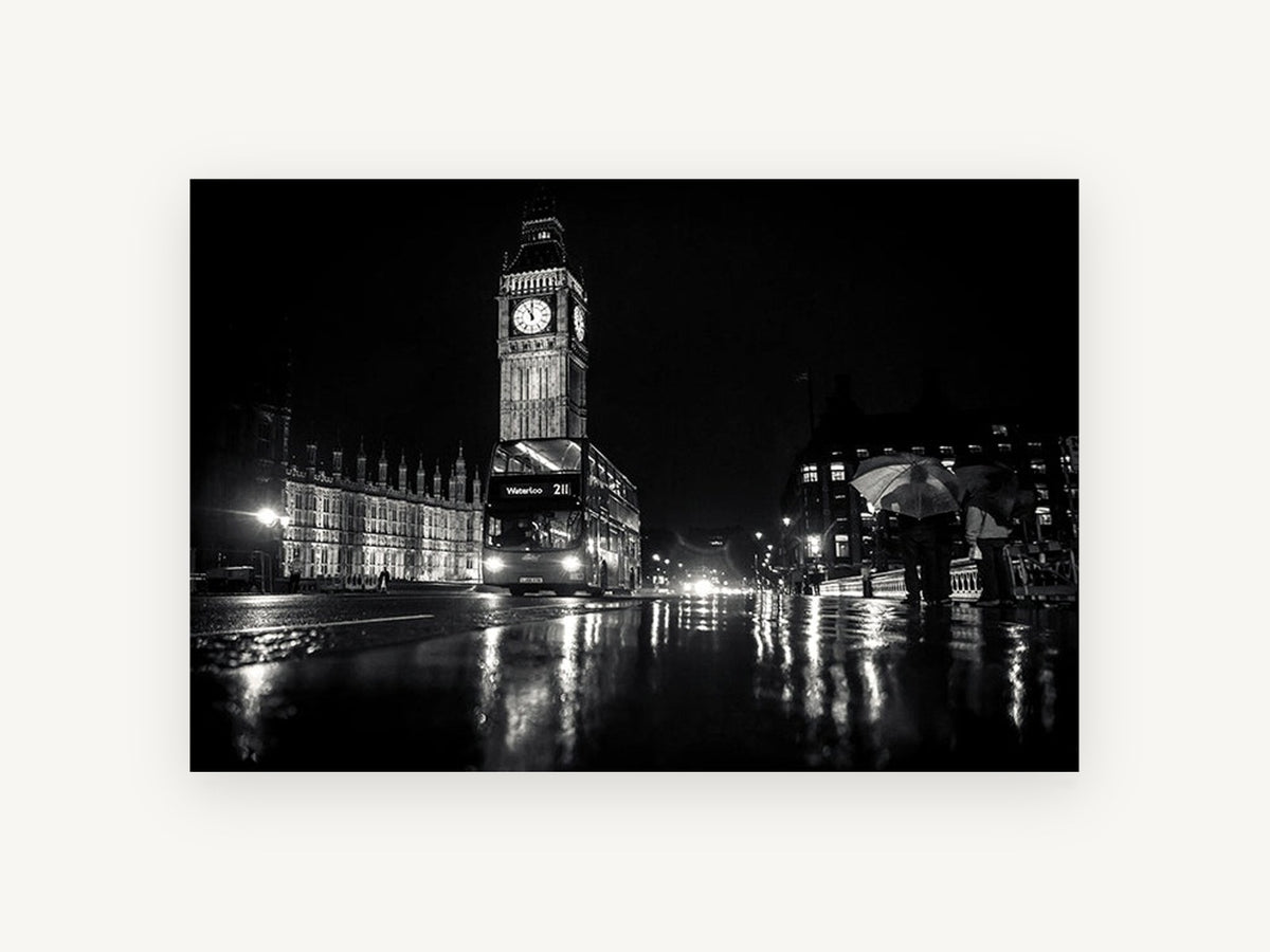 Wet Night at Westminster, big ben night black and white photograph, city canvas wall art print, front view