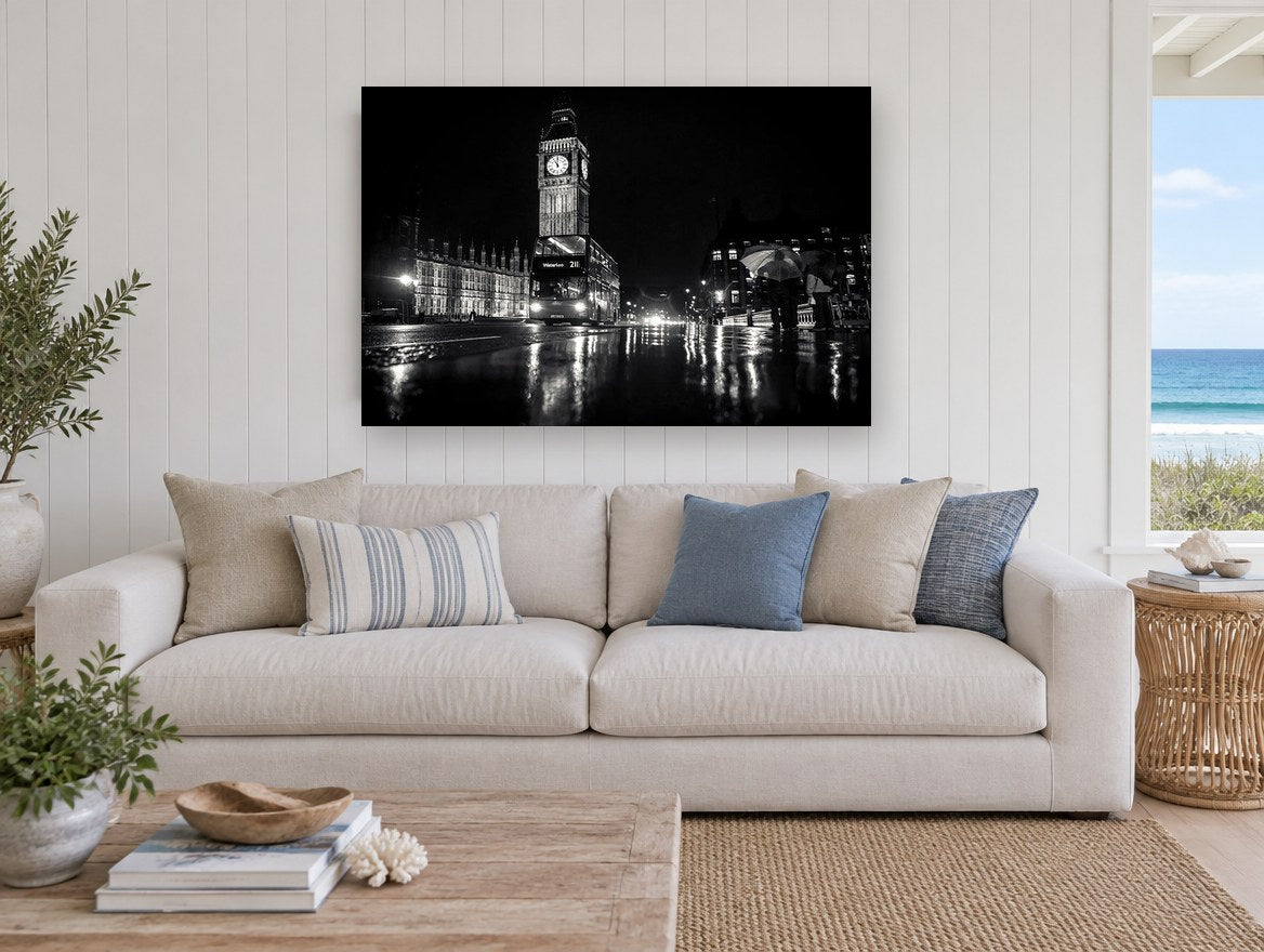 Wet Night at Westminster city canvas print on the wall of a beach house living room