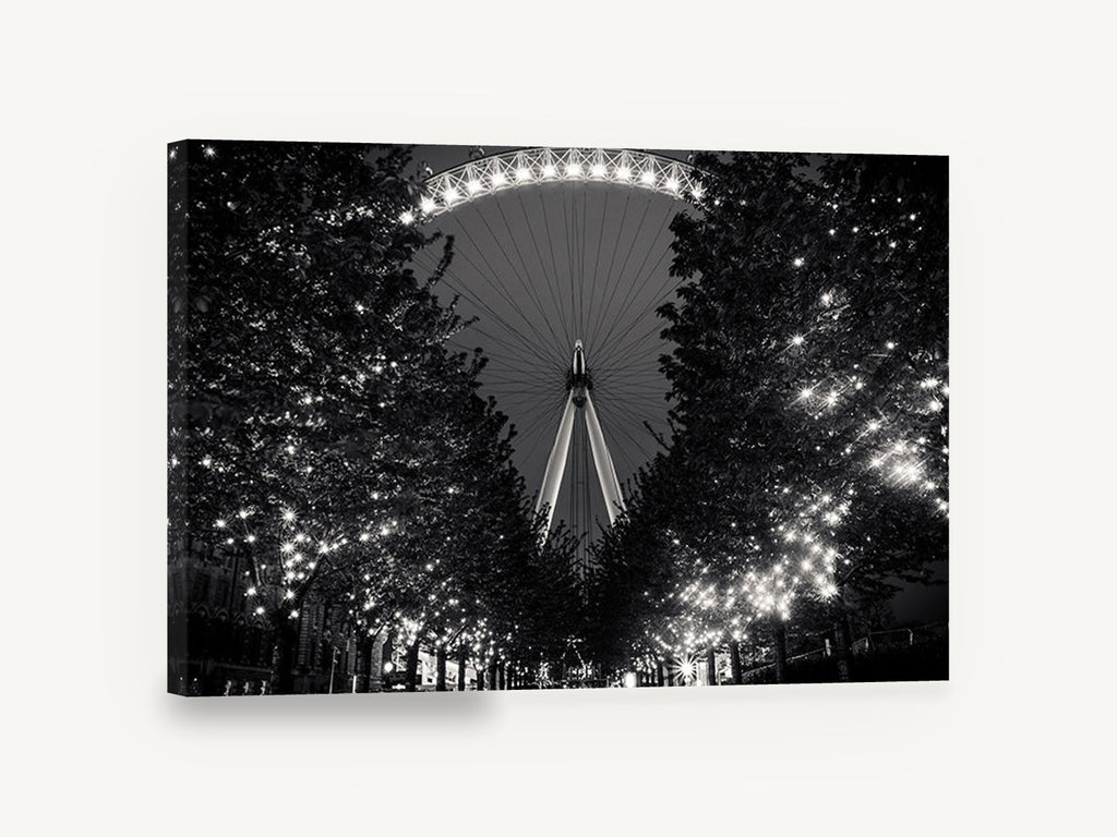 Eye Through the Lights, london eye black and white night photograph, city canvas wall art print ready to hang